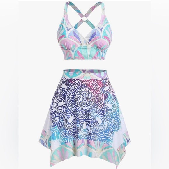 Rosegal Blue and Purple Mini Skater Skirt Resort Wear - Picture 1 of 6